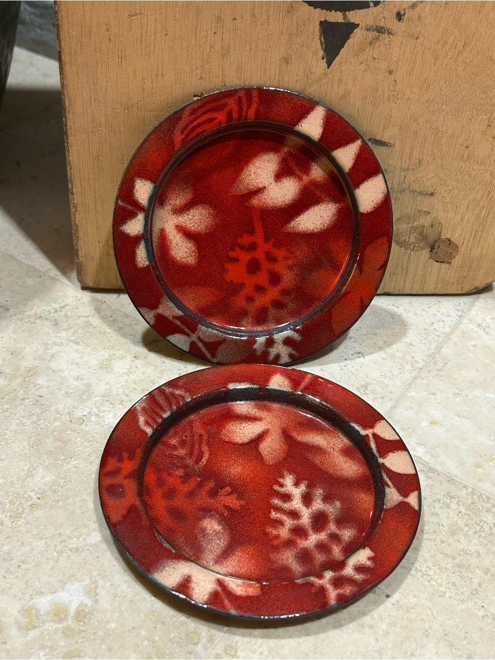 vintage handmade enamel on copper decorative red Drink Coaster Set of 2